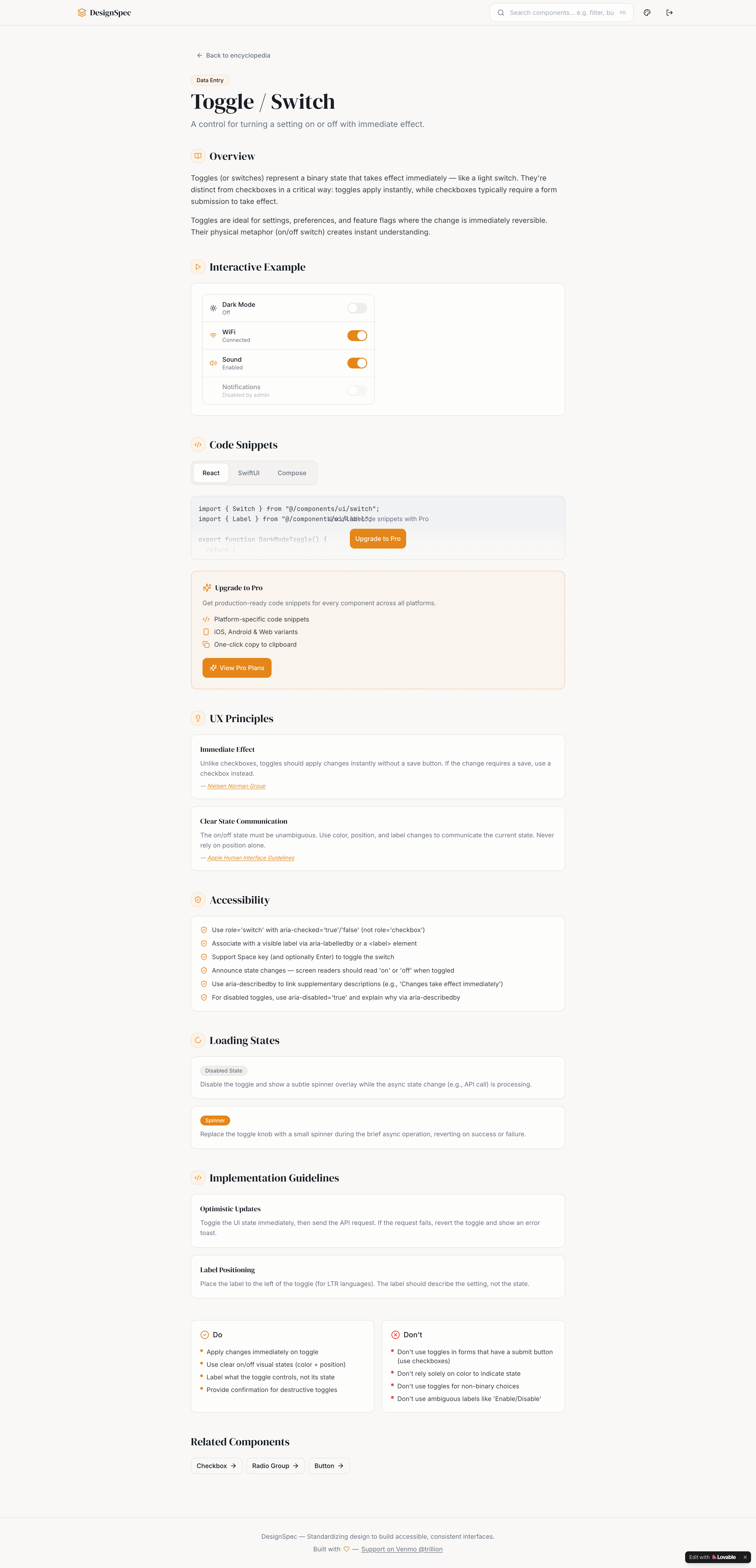 DesignSpec search interface — 43 components across 6 categories